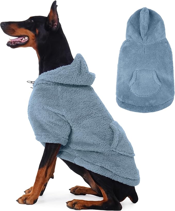 IDOMIK Fuzzy Dog Sweater with Adjustable Hood, Warm Fleece Dog Sweater Hoodie with Harness Hole & Pocket, Pullover Sweaters for Large Dogs, Fuzzy Hooded Sweatshirt for Fall Winter Christmas,Blue,2XL