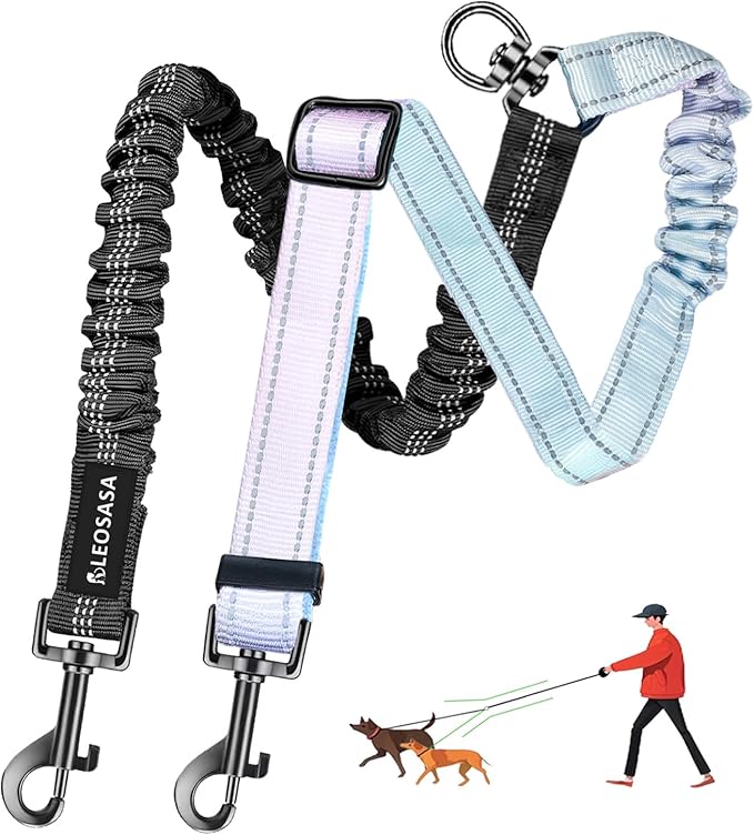 Double Dog Leash for Two Dogs - Gradient Color No Tangle Swivel Dog Coupler with Heavy Duty Clip, Size Adjustable Bungee Leash Attachment for Small, Medium, Large 2 Dogs, Style 1