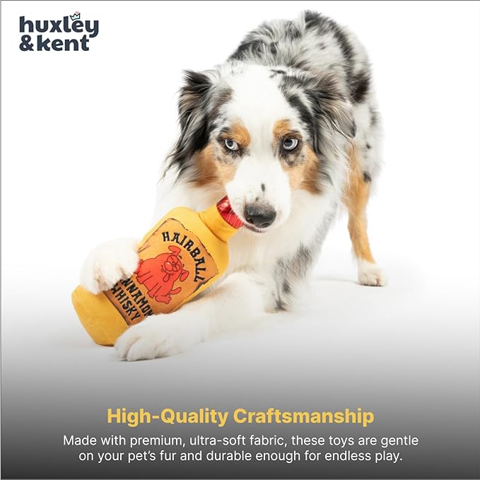 Huxley & Kent Funny Dog Toy w/Squeaker – Power Plush Squeaky Dog Toys for Small, Medium & Large Dogs – Soft Stuffed Animal for Indoor Play & Fetch - Hairball Cinnamon Whiskey, Large