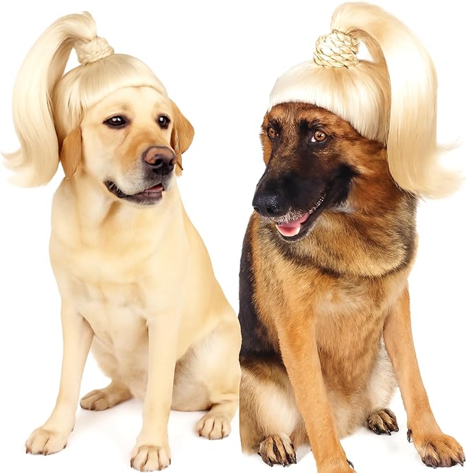 Blond Long Hair Ponytail Funny Pet Wig – DIY Haircut & Adjustable Fit – Cat & Dog Costume for Halloween, Party, Photo Shoots – 3D Natural Look – Fits 5kg-50kg Pets