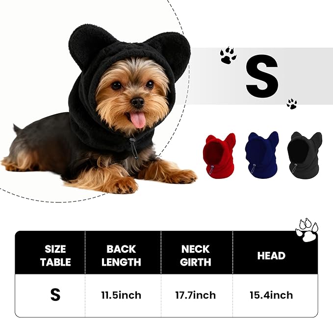 Dog Snood Winter Hood with Ear Protection, Fleece Neck Warmer for Dogs, (Black, Small)