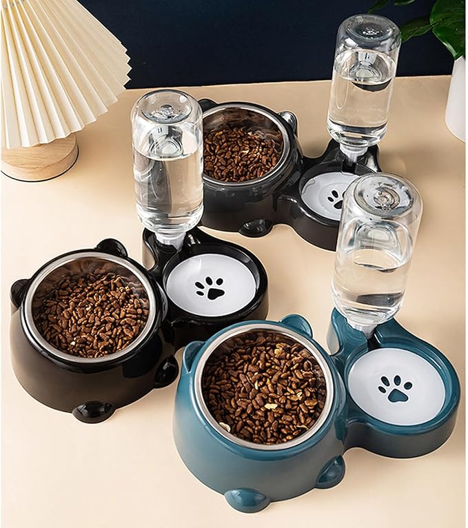 Anti Tip Pet Food Water Bowl Set Automatic Dispenser Bottle Detachable Metal Dish Ergonomic Raised Feeder for Cats Dogs Spill Dog Dish with Stainless Steel Bowl