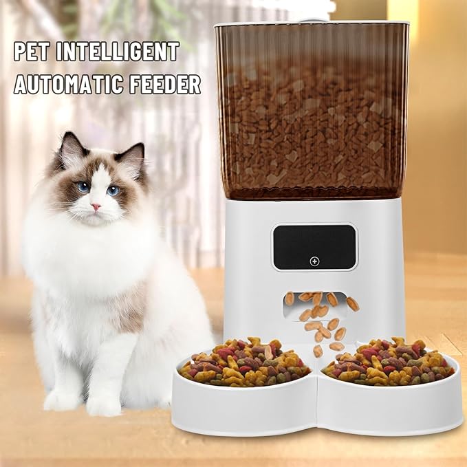 Smart Pet Feeder, WiFi-Enabled Automatic Cat and Dog Feeder, 5L Large Capacity Food Dispenser with Dual Bowls, Timed and Portion Control Feeding, Battery and USB Powered White