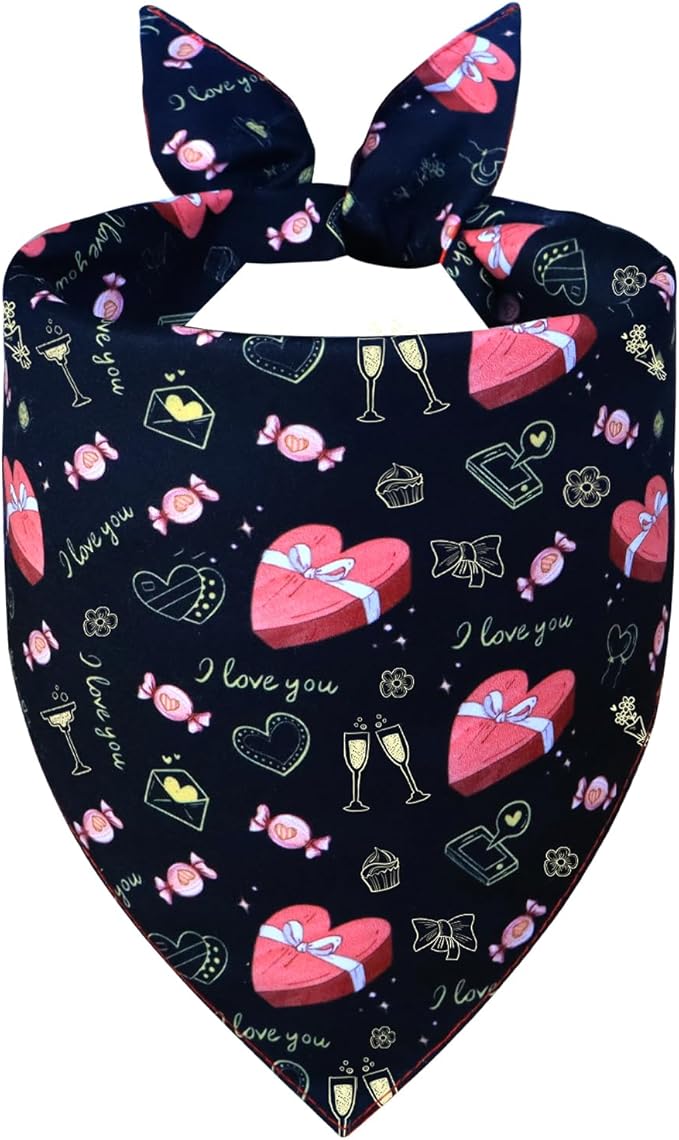 Valentine’s Day Dog Bandana for Medium to Large Dogs - Reversible Black Red Hearts Candy Print Scarf, Cute Pet Accessory for Valentine Gift