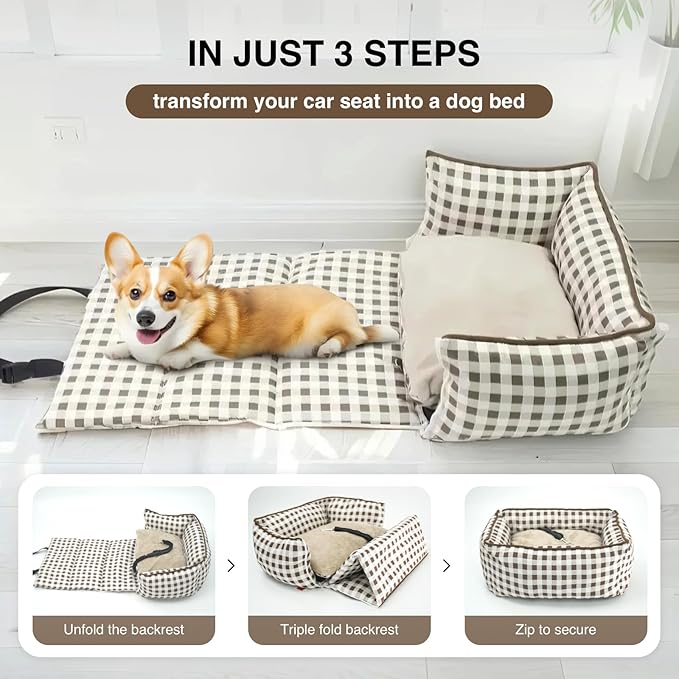 Pet Car Booster Seat for Small Dogs & Cats up to 25 lbs – Plaid Travel Seat with Safety Leash, Adjustable Straps, Non-Slip Base, 2-in-1 Convertible Bed, Detachable & Washable (Brown Plaid)