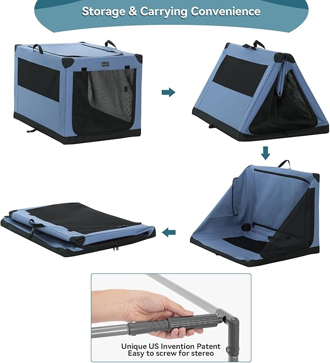 PETSFIT Dog Travel Crate, with Patented Adjustable Fabric Cover, Chewproof & Lockable Mesh Doors, Waterproof Base Soft Sided Kennel Blue 26 Inch