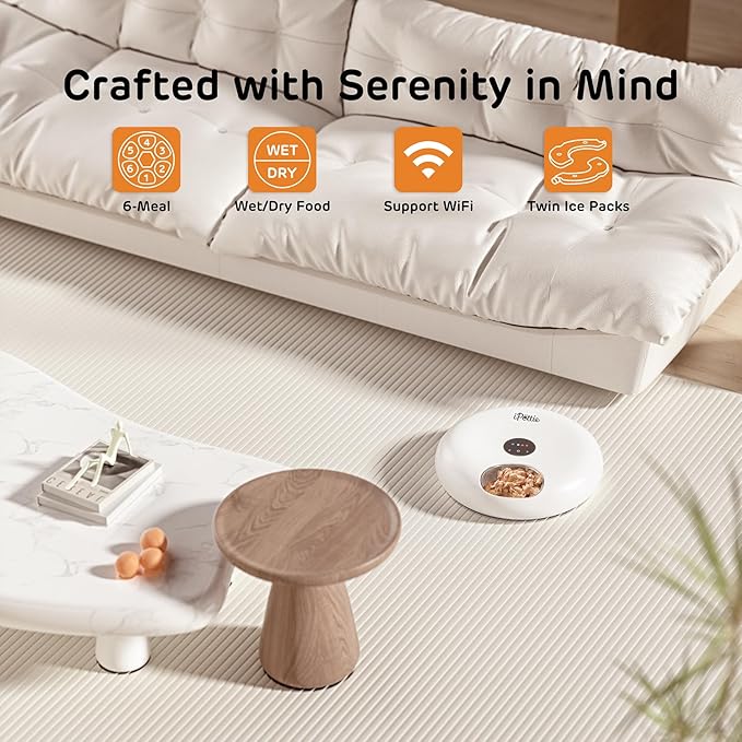 [Stainless Steel Tray Version] iPettie Donut Frost WiFi 6 Meal Automatic Wet Food Feeder with Ice Packs for Senior and Weak Pets, App Control Programmable Timer, Holds 6 x ½ lb. of Food, White