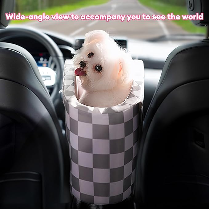 Center Console Dog Car Seat for Pets Up to 15 lbs, Detachable, Washable Cushion, Anti-Slip, Perdurable Oxford Fabric Dogs Cats Portable Travel Carrier, Safety Belt Leash (Grey Plaid, 45cm*25cm*22cm)