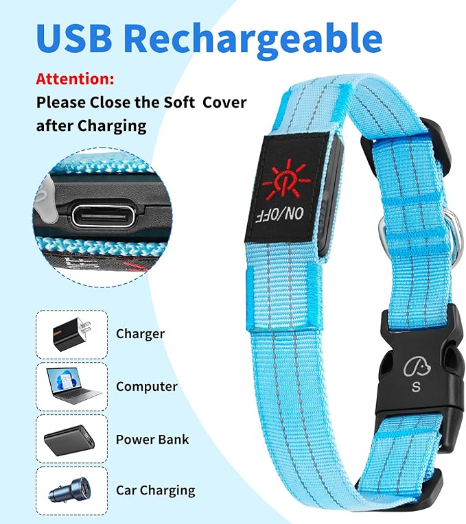 Light Up Dog Collars, LED Dog Collar Light Adjustable USB Rechargeable Super Bright Safety Light Glowing in The Dark Reflective Dog Collar for Medium Large Small Dogs