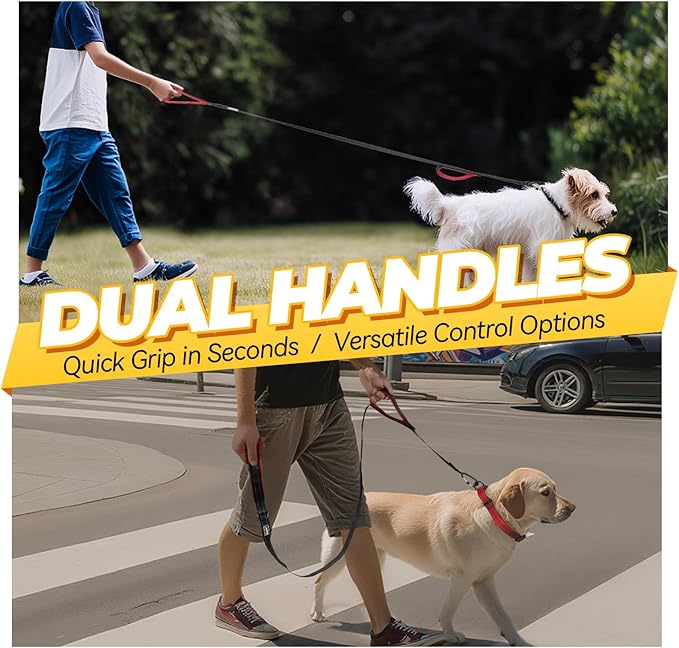 VIVAGLORY Dog Leash Lighthook Double Handle Dog Leash with Traffic Handle & Locking Carabiner for Walking & Training, Traffic Control Lightweight Carabiner for Puppy Pet, 4ft x 1/2in, Black