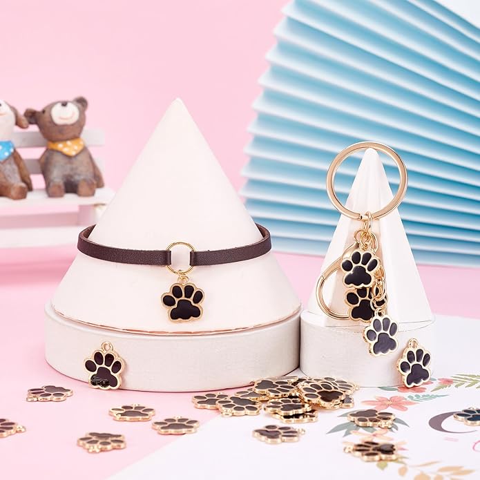 Crafans 100Pcs Enamel Paw Prints Dog Collar Charms Alloy Animal Cat Necklace Charms Puppy Footprint Dog Pendants for Crafts DIY Jewelry Making Supplies 17.5x16mm Black