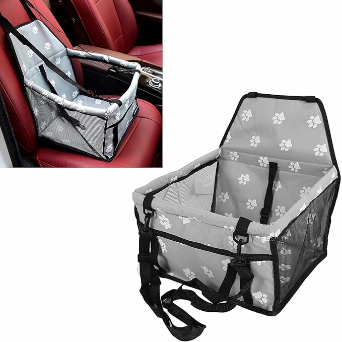 Pet Carrier Cage Dog Car Seat Bear Pattern Washable Foldable Pet Safety Travel Seat with Support Rod for Cars Oxford Cloth Material (Gray paw Print Support Stick Style)