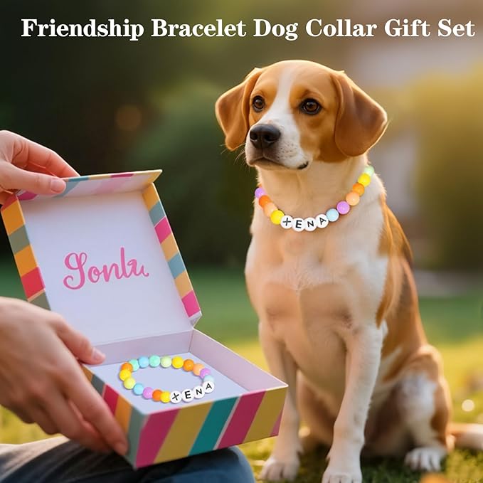 Personalized Beaded Dog Collar with Custom Name & Free Matching Bracelet - Adjustable Rainbow Pet Necklace Collar for Cats Dogs | Pet Lover Gift (#B)