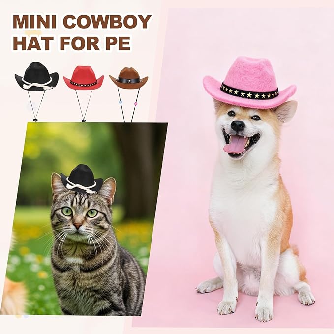 Dog Cowboy Hat, Mini Cowboy Hat for Pet with Chin Strap Adjustable Cosplay Cap, (Khaki, L), Intended for Dogs and Cats/Halloween Costume/Party Decoration