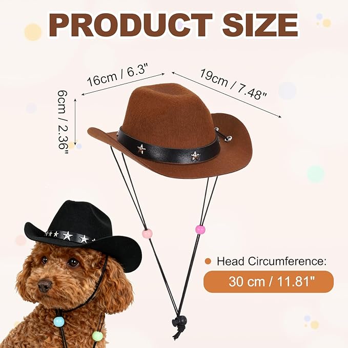 Dog Cowboy Hat, Mini Cowboy Hat for Pet with Chin Strap Adjustable Cosplay Cap Star Decor, (Brown, L), Intended for Dogs and Cats/Halloween Costume/Party Decoration