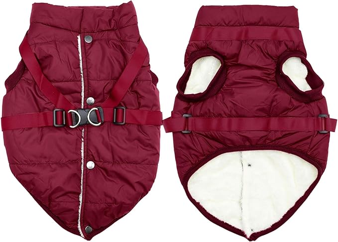 Dog Jacket with Harness,Fleece Lined Warm Puppy Coat for Winter,Soft Windproof Medium Dog Vest,Red XL