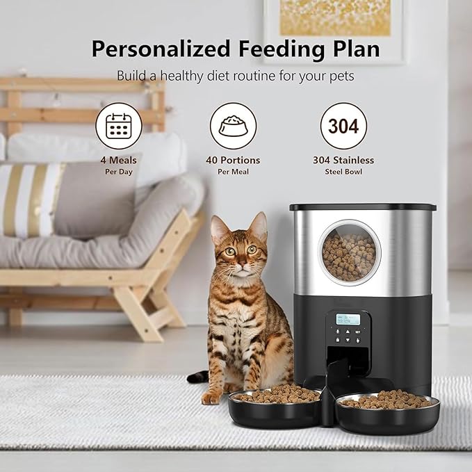 Pet Feeder 5l Stainless Steel Feeder O Window Double Outlet Automatic Feeder Pet Dry Food Dispenser Suitable Compatible with Cats and Dogs Pets Supplies(Black)