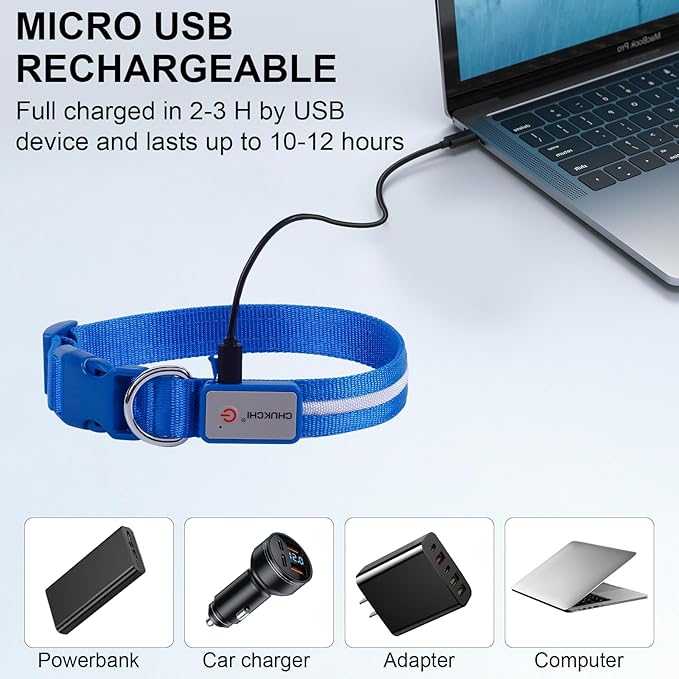CHUKCHI LED Dog Collar Rechargeable,Waterproof Flashing Collar,Light Up Glow Collar, Adjustable Soft Safety Light Up for Small Medium Large Dogs Walking Camping at Night (Blue-S)
