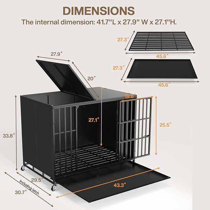 LEMBERI 42 inch Heavy Duty Indestructible Dog Crate, High Anxiety Extra Large Dog Cage for Large Dogs, XL Steel Escape Proof Dog Kennel with Wheels and Removable Tray