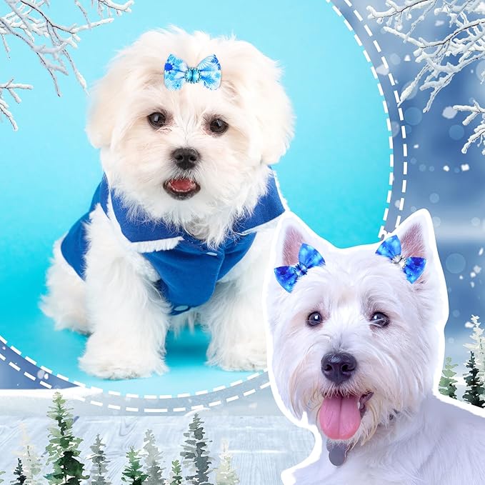 Tondiamo 100 Pack Winter Snowflake Dog Hair Bows with Rubber Bands White Blue Rhinestone Puppy Bows Winter Pet Dog Hair Grooming Accessories for Small Girl Dogs (Snowflake Pattern)