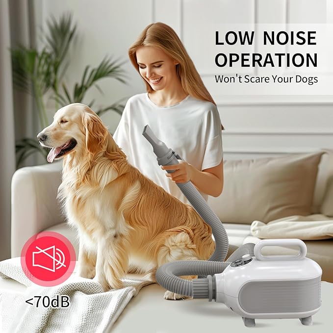 High Velocity Dog Hair Dryer for Pet Grooming – 150 MPH Airflow, Adjustable Temperature, and 3 Nozzles for Efficient Drying of Dogs, Cats, and Furry Friends