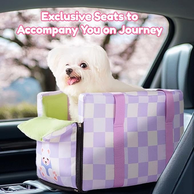 Center Console Dog Car Seat for Pets Up to 15 lbs, Detachable, Washable Cushion, Anti-Slip, Perdurable Oxford Fabric Dogs Cats Portable Travel Carrier, Safety Belt Leash (Purple Plaid, 45cm*25cm*22cm)