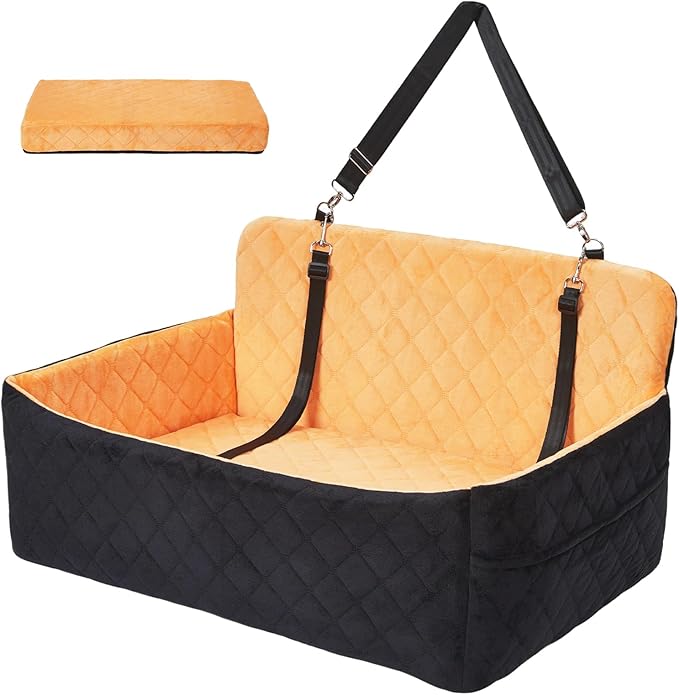 Dog Car Seat for Large Dogs Up to 55 lbs, Pet Booster Seat with Memory Foam, Non-Slip Washable Dog Car Bed with 2 Safety Leashes & Storage Pockets for SUV & Sedan