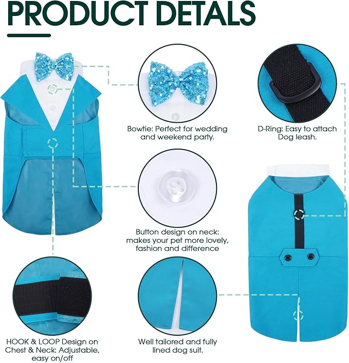 Kuoser Dog Tuxedo for Medium Dogs, Pet Wedding Outfit with Bow Tie, Dog Suit and Bandana Set Formal Dogs Tux Pet Costume Halloween Christmas Outfit for Birthday Party Cosplay