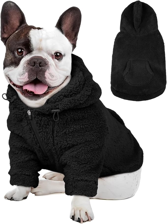 IDOMIK Fuzzy Dog Sweater with Adjustable Hood, Warm Fleece Dog Sweater Hoodie with Harness Hole & Pocket, Pullover Sweaters for Medium Dogs, Fuzzy Hooded Sweatshirt for Fall Winter Christmas,Black,M