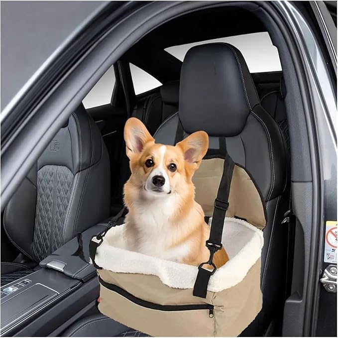 Pet Dog Car Booster Seat Pet Mesh Puppy Safety Belt Stable Foldable Travel Pet Dog Car Seat Booster Basket(Khaki)