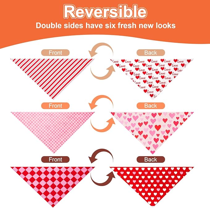 Valentines Dog Bandanas Small 3PCS, 6 Pattern Sweetheart Scarf for Boy and Girl, Triangle Reversible Love Bibs Breed for Puppy Pets