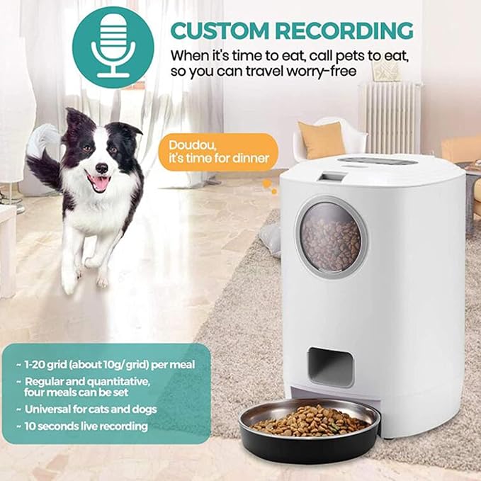4.5L Automatic Cat Feeder Food Dispenser for Cat & Dog,Programmable Portion Control 1-4 Meals Per Day & 10S Voice Recorder with Stainless Steel Bowl for Small to Medium Cats Dogs