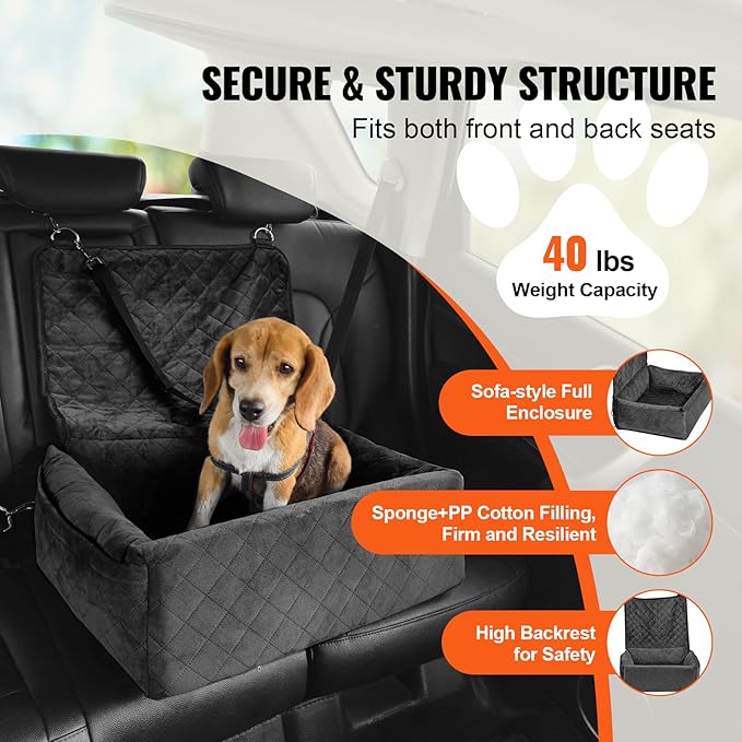 Happybuy Dog Car Seat, Dog Booster Seat for Car with A Storage Pocket, Clip-On Safety Leash, Sponge and PP Cotton Filling, Dog Car Bed for Small & Medium Dog up to 40lbs, Black