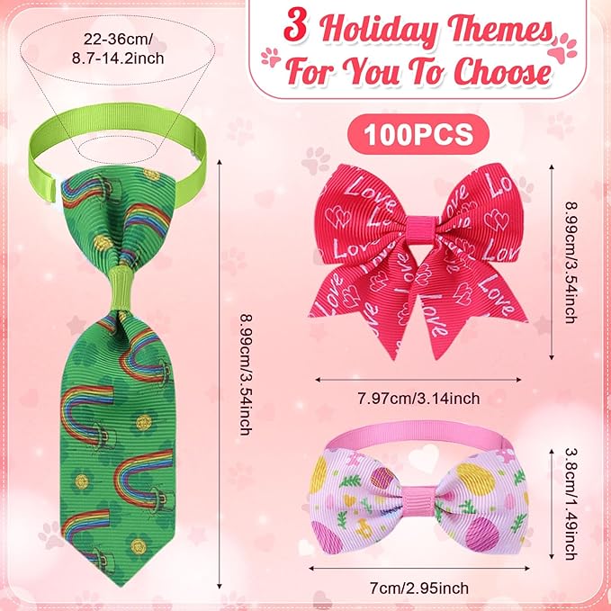 Reginary 100 Pieces Dog Bow Tie Collar Set Include 40 Dog Neckties, and 30 Puppy Bowties, 30 Collar Flowers, Adjustable Pet Ties Grooming for Small Medium Cats Pets Supply(Valentines,Irish, Easter)