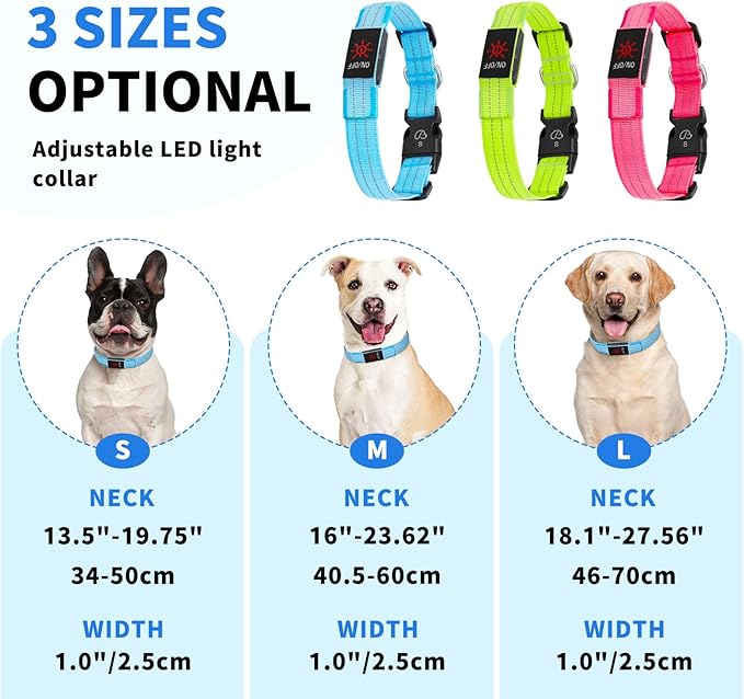 Light Up Dog Collars, LED Dog Collar Light Adjustable USB Rechargeable Super Bright Safety Light Glowing in The Dark Reflective Dog Collar for Medium Large Small Dogs