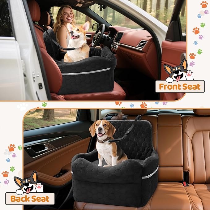 Dog Car Seat for Small/Medium Dogs - Puppy Car Seat Under 35 lbs with Thick Elevated Cushion & Safety Belt for Travel - Detachable & Washable Dog Booster Seat with 2 Sides Storage Pockets(Black)