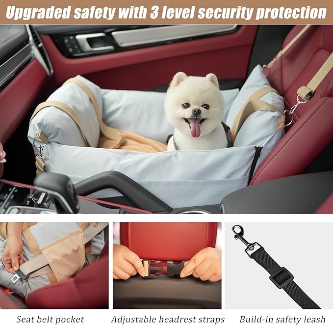 MILA&LOUIS Dog Car Seat 5 Side Waterproof, for Medium, Booster Seat with Safety Leash, Bed Cover with Storage Pockets, Small Pet Carrier Bed for Travel and Home