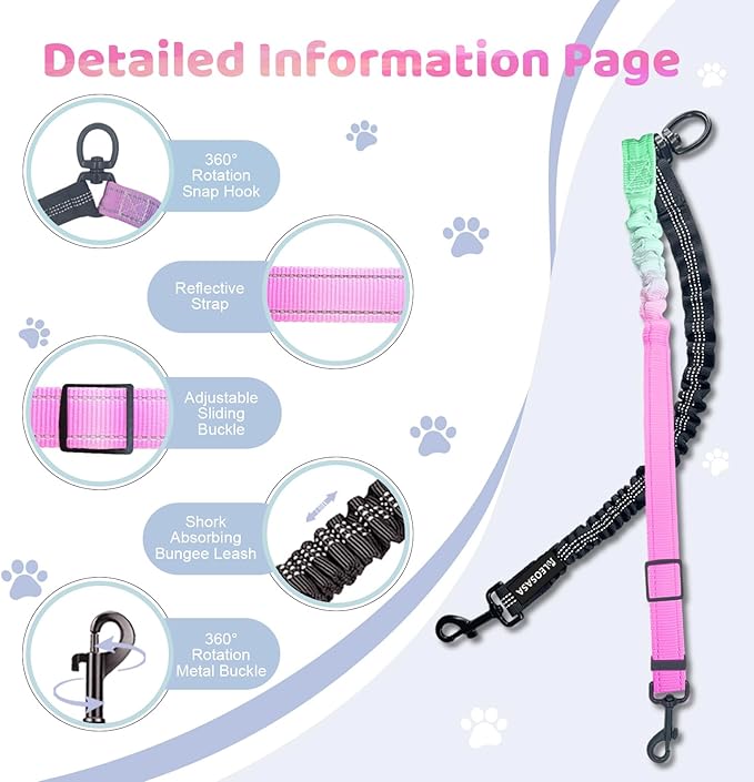 Double Dog Leash for Two Dogs - Gradient Color No Tangle Swivel Dog Coupler with Heavy Duty Clip, Size Adjustable Bungee Leash Attachment for Small, Medium, Large 2 Dogs, Style 4