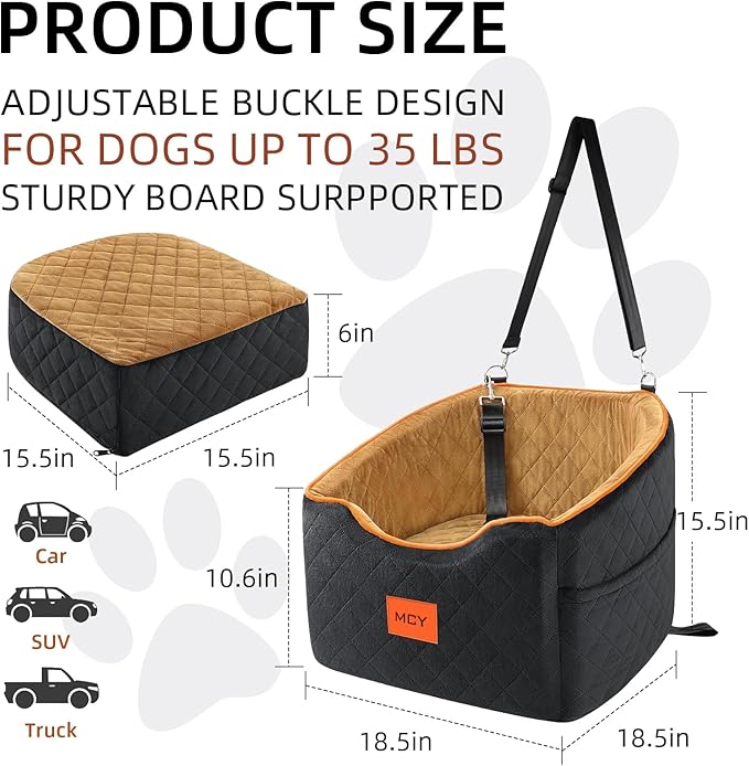 MCY Dog Car Seat for Small Dogs, Elevated Pet Car Seat, Travel Safety Pet Seat for Dogs up to 35 lbs, Memory Foam Booster Dog Seat with Washable Removable Cover, Storage Pockets, Black (Black-Brown)
