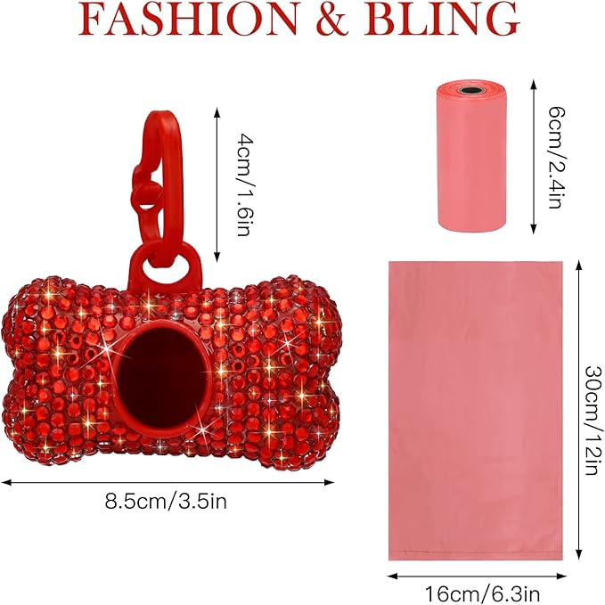 SAVORI Dog Poop Bag Holder Bling Crystal Dog Waste Bags Dispenser for Pet Dog Doggy with Carabiner Clip Includes 1 Roll 15 Bags (Red)