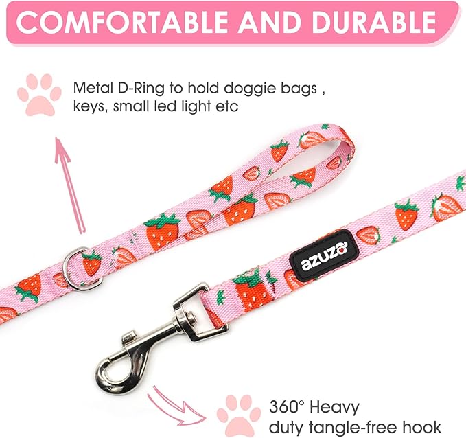 azuza Fruit Dog Collar and Leash Set, Collar Nylon and Matching Leash, Great Option for Small Medium Large Dogs, Strawberry, S (Neck: 11"-16")