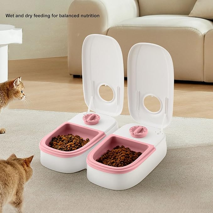 Double Meals Automatic Pet Feeder, Smart Timed, 350ml per Bowl, ABS Material, Ice Pack Space, Removable Design, Anti Slip Pads, for Cats Small Medium Dogs, (Pink)