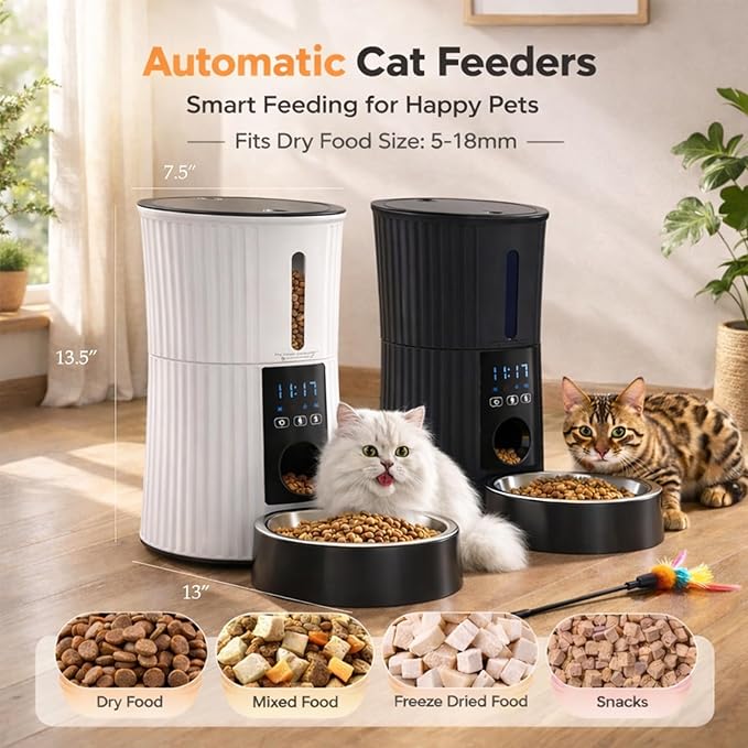 Simple Deluxe Automatic Cat Feeder, Wi-Fi - 4L Dry Food Dispenser for Cat and Dog with APP Control | 10 Meals | 10s Voice Recorder | Programmable 50 Portions | Dual Power Supply | Desiccant Bag, White