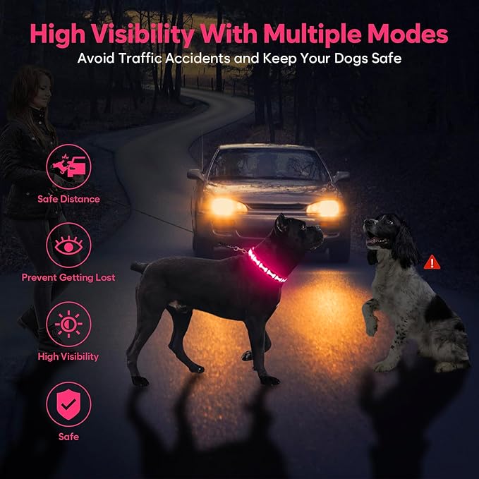 LED Dog Collar with Battery Display, Adjustable Light Up Dog Collars Rechargeable, Glowing in The Dark Reflective Light Collar Super Bright Safety Dog Light for Medium Large Small Pets (Pink, L)