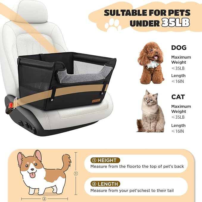 Elevated Dog Car Booster Seat for Dogs & Cats up to 35LB, 6-Inch Memory Foam Pet Booster Seat, Side Breathable Mesh,Portable Travel-Safe Bed for Cars,Elevated Car Seat for Small Medium Dogs