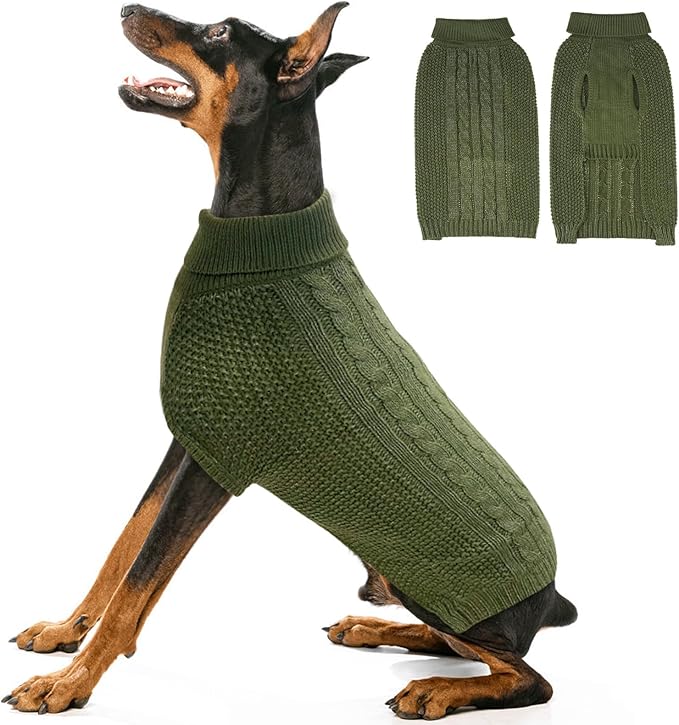 XXL Dog Sweater, Classic Cable Knit Warm Dog Sweatshirt with Reflective Yarn for Girl Boy, Halloween Fall Winter Coat Turtleneck Pullover Clothes Apparel for Small Medium Large Dogs, Green XXL