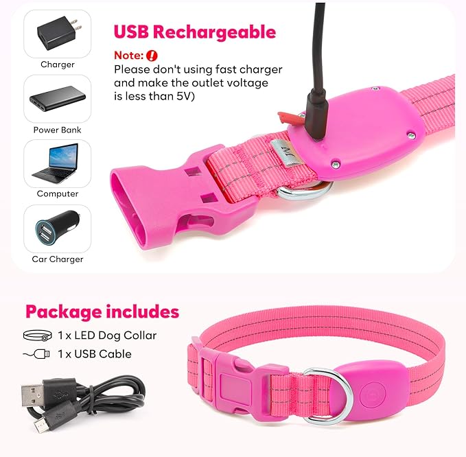 LED Lighted Reflective Dog Collar for Night Safety, USB Rechargeable, Glow Collar for Dogs, Waterproof Adjustable Flashing (Pink, Medium)