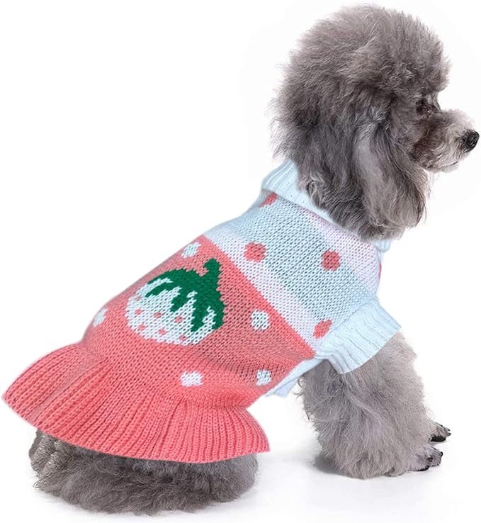 CHBORCHICEN Pet Dog Sweaters Classic Knitwear Turtleneck Winter Warm Puppy Clothing Cute Strawberry and Heart Doggie Sweater (XXS, Dress-Pink)