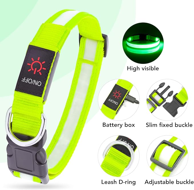 Vizpet LED Dog Collar, Light Up Dog Collar Adjustable USB Rechargeable Super Bright Safety Light Glowing Collars for Dogs(Large,Green)