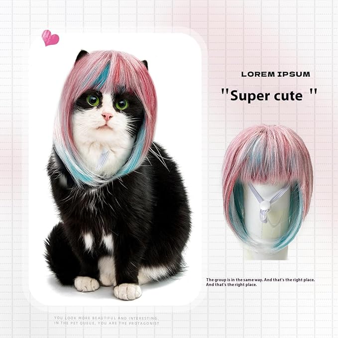 Pet Wig for Dogs and Cats, Realistic Adjustable Costume Wig with Simulated Hair for Small Medium Large Pets, Halloween Cosplay Party Photo Shoot Fun Accessory (Pink)
